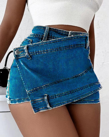 Vintage Denim Y2K Shorts Skirt Stretch Overlap Waist Wrap