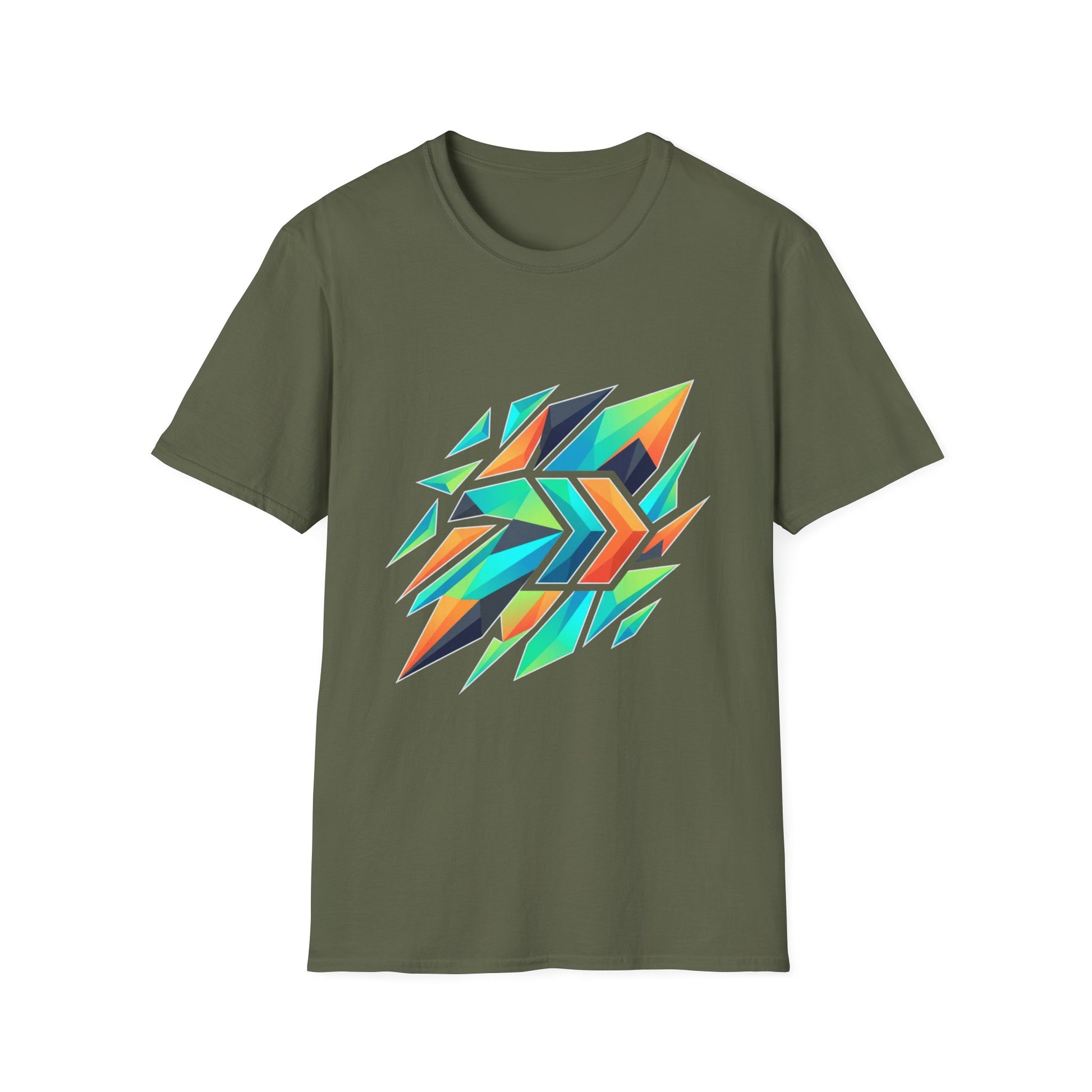 Abstract Geometric Arrow T-Shirt — Colorful Tribal-Inspired Graphic Tee Printify