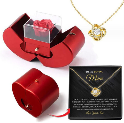 Red Necklace Fashion Jewelry Box Red Apple With Artificial Flower Rose Flower