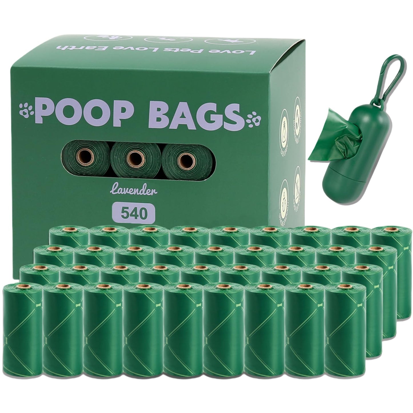 CGBD Dog Poop Bags 540 Count Dog Waste Bags with Dispenser Extra Thick Strong 100% Leak Proof Doggy Poop Bags Rolls 13" x 9" Green Dog Bags for Poop Lavender Scented Doggie Poop Bags for Dogs Cat