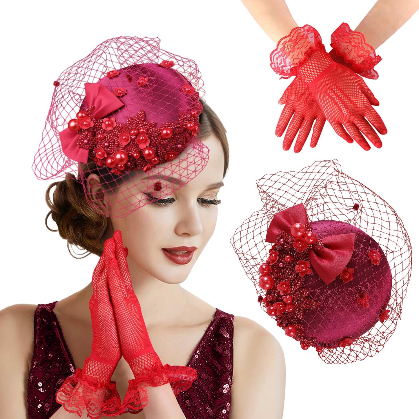 Vijiv Fascinator Hat for Women Tea Party Beaded Pearl Derby Hats and Bowknot Lace Gloves Set for Women 1920s Wedding Pillbox Hat Birdcage Veil Headband Red