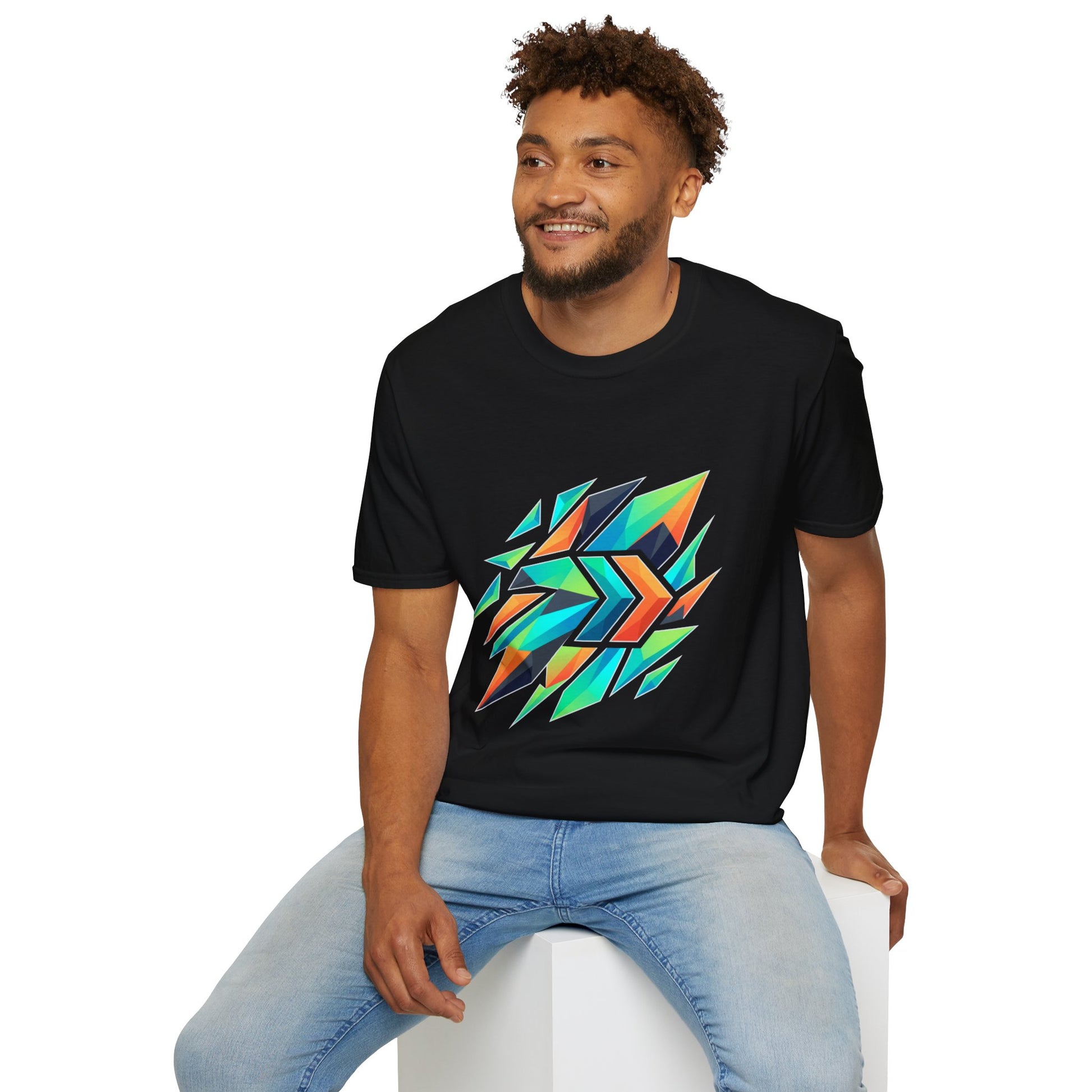 Abstract Geometric Arrow T-Shirt — Colorful Tribal-Inspired Graphic Tee Printify