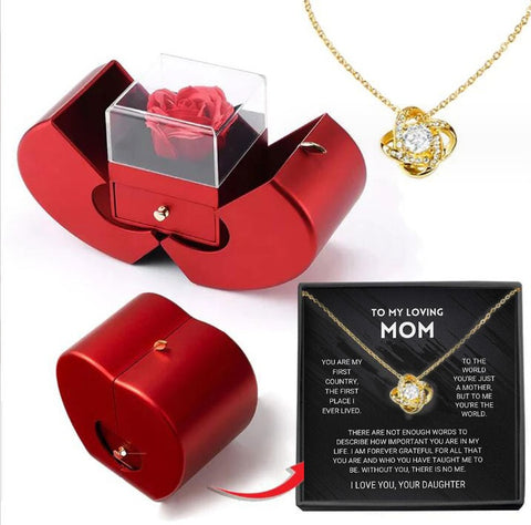 Red Necklace Fashion Jewelry Box Red Apple With Artificial Flower Rose Flower