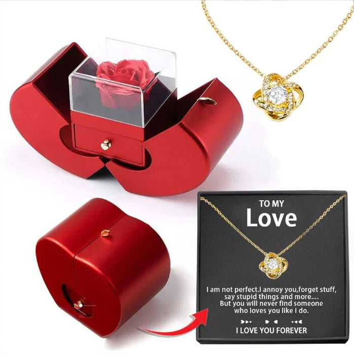 Red Necklace Fashion Jewelry Box Red Apple With Artificial Flower Rose Flower