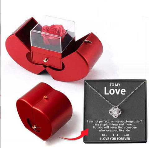 Red Necklace Fashion Jewelry Box Red Apple With Artificial Flower Rose Flower